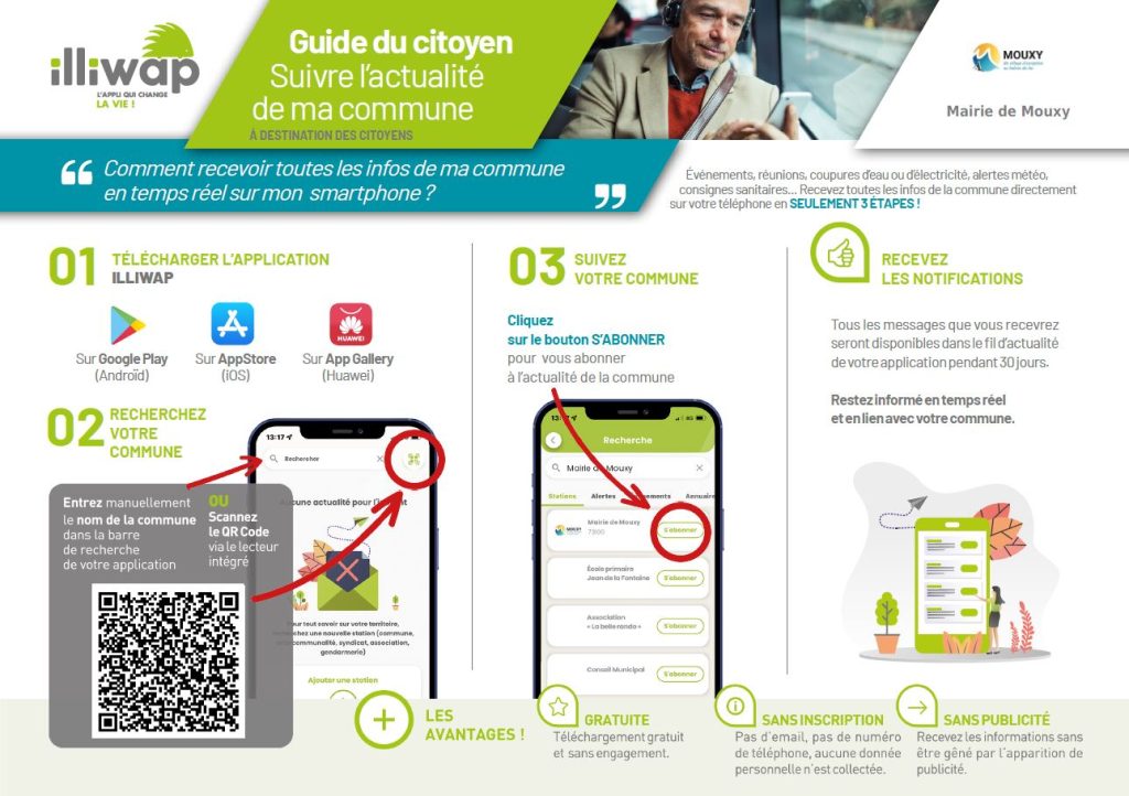 Instructions pour installer l’application Illiwap : ouvrir Google Play ou l’App Store, rechercher « Illiwap », télécharger et installer l’application. Une fois ouverte, saisir le nom de sa commune dans la barre de recherche, sélectionner la commune, puis appuyer sur « S’abonner » pour recevoir ses informations. L’application est gratuite, sans inscription et sans publicité.